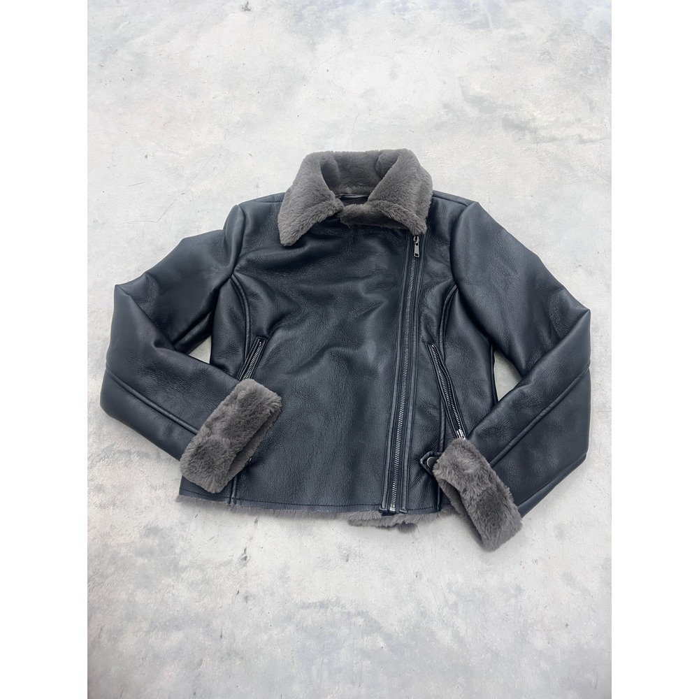 A.N.A Moto Jacket Womens XS Black Faux Leather Cropped Collared Streetwear Biker